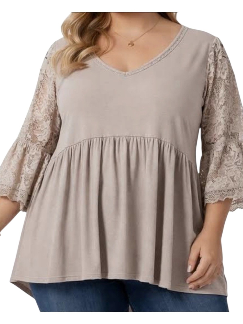 Torrid Super Soft Knit Babydoll Top Size 3 3X Beige Lace Bell Sleeve Tunic